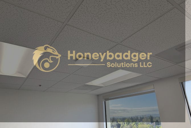 Ceiling featuring a Firewalla Access Point 7 and white acoustic tiles with fluorescent lights.
