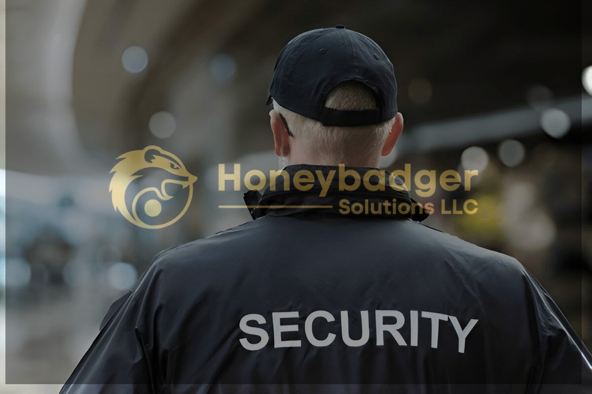 A security guard wearing a black jacket with 'SECURITY' in bold white letters stands in a public space.