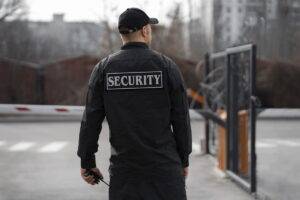 A security guard in a black uniform with 'SECURITY' on the back stands at an open gate, holding a walkie-talkie.
