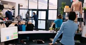 Interior of a clothing store with racks of clothes and staff attending to customers and cleaning.