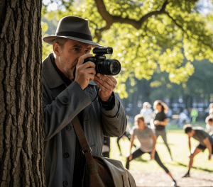 A man in a gray trench coat and hat takes photos with a camera while standing by a tree.