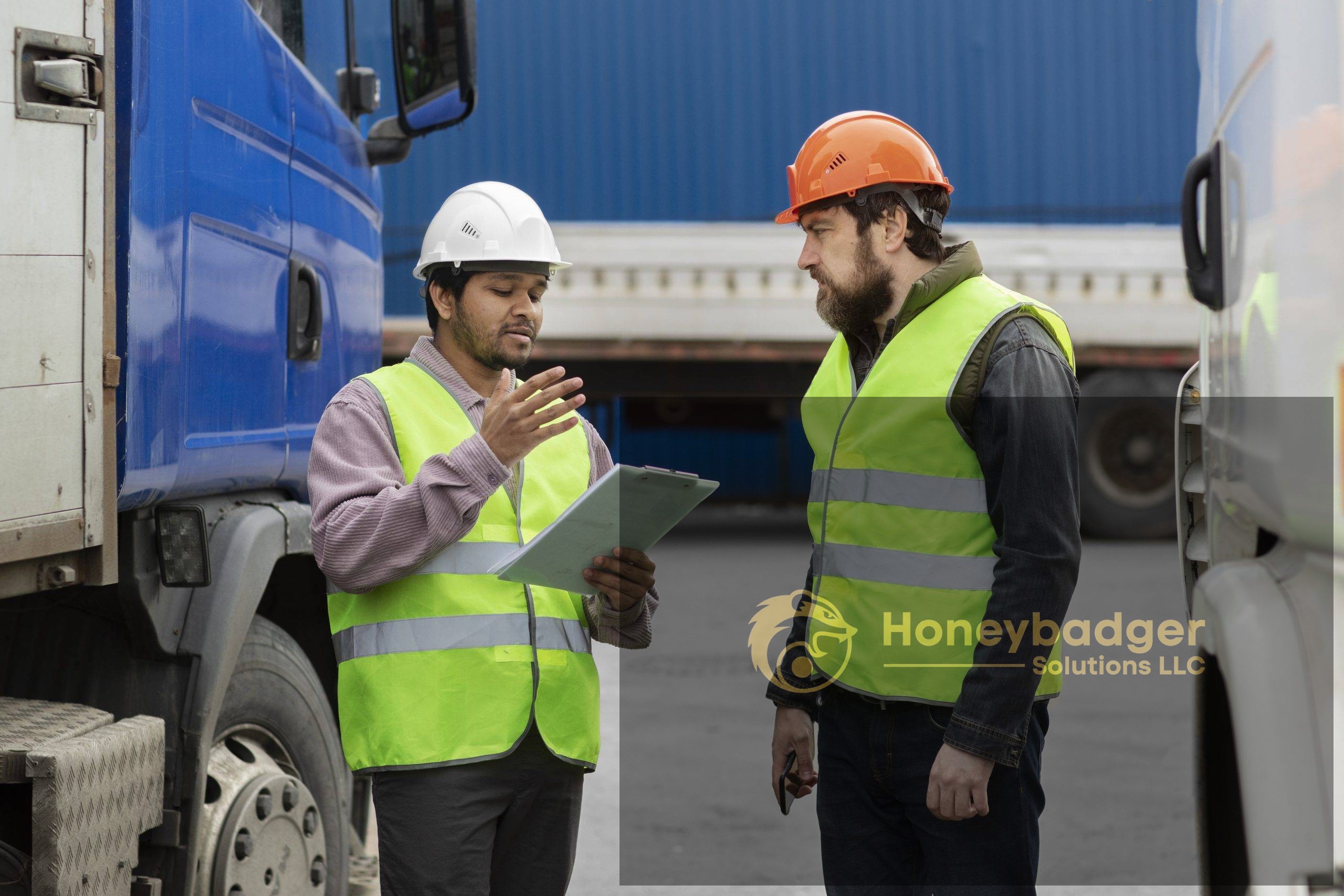 Two men wearing safety vests and hard hats engage in discussion at a worksite, one holding a clipboard.