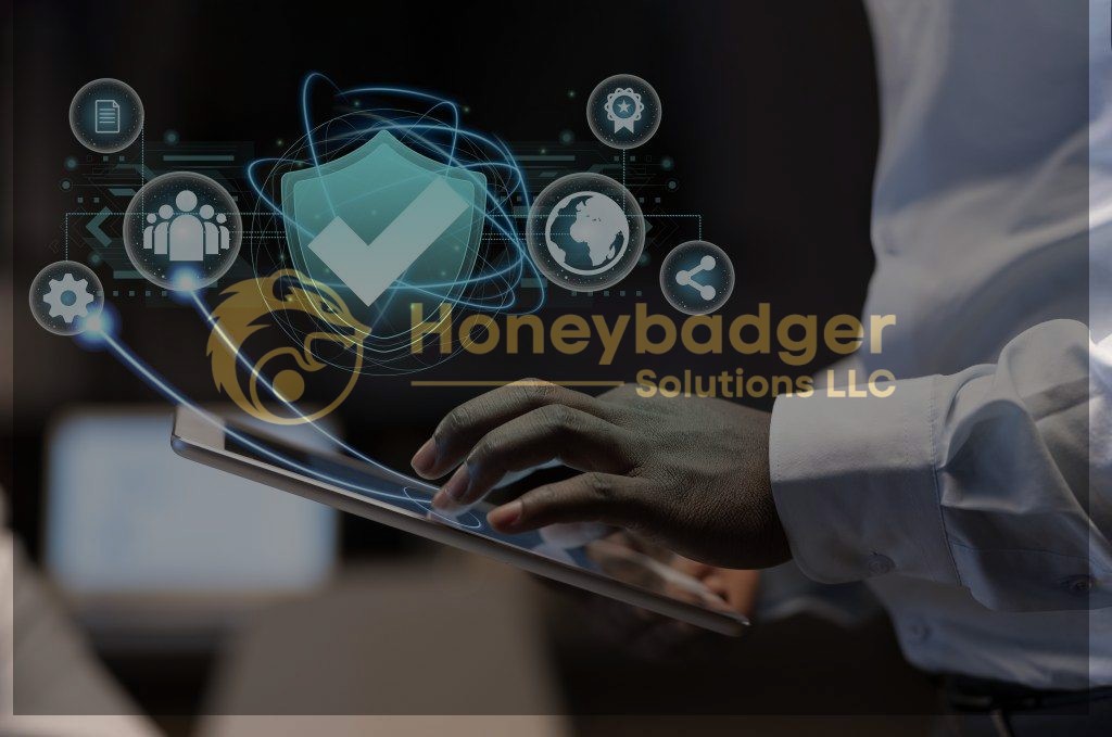 A person in a white shirt interacts with a tablet displaying digital security icons, including a shield and gears, representing cybersecurity.