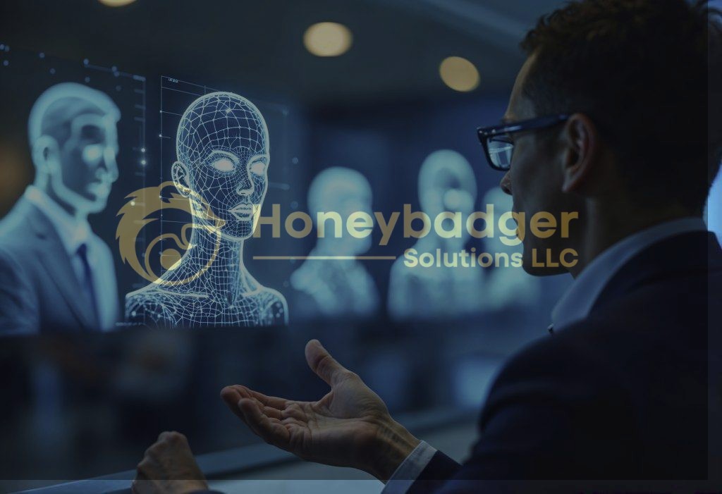 A man in a suit interacting with a holographic display of a human figure in a digital format.