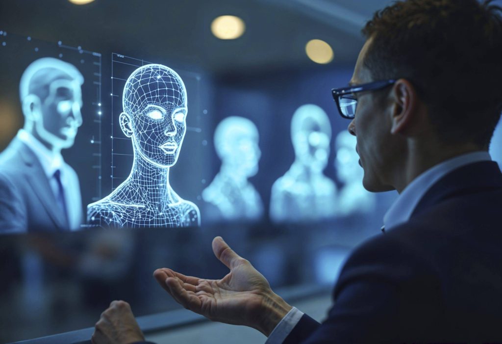 A man in a suit interacting with a holographic display of a human figure in a digital format.