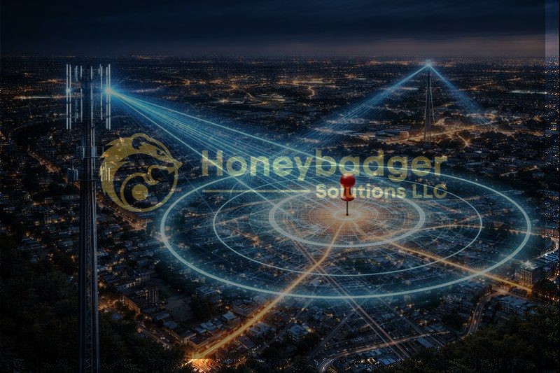 Illustration of cell tower triangulation with signals radiating towards a central point in a cityscape.