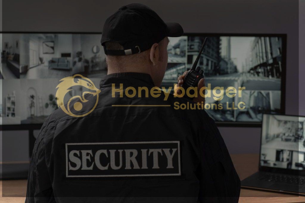 Security personnel using a radio while monitoring multiple surveillance screens in a control room.