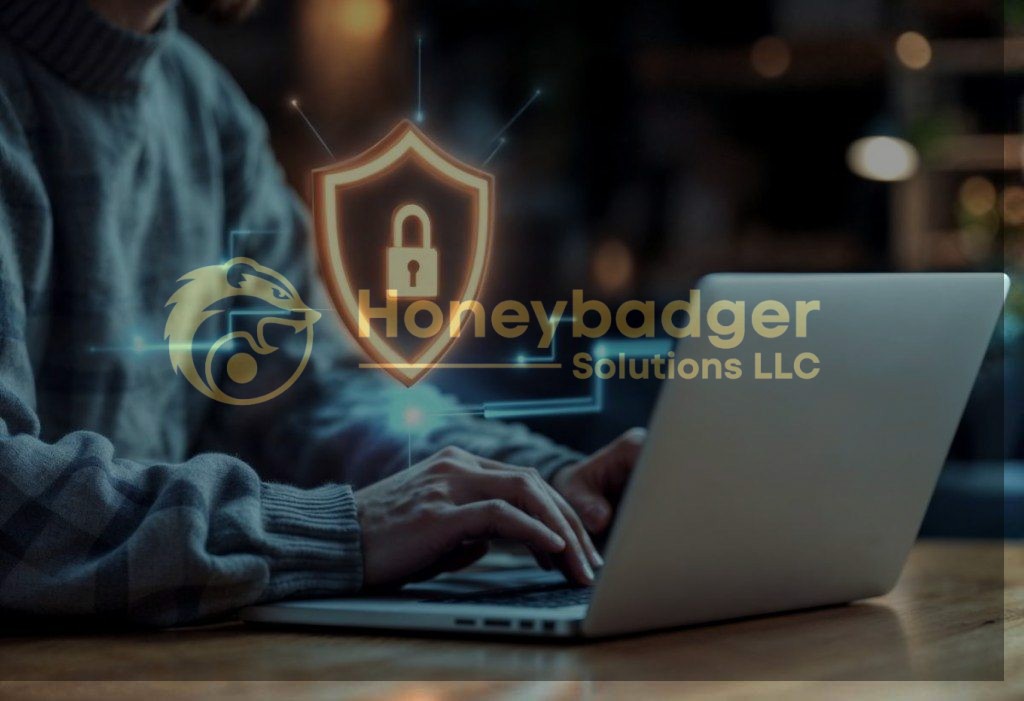 A person typing on a laptop with a digital security shield icon displayed above.