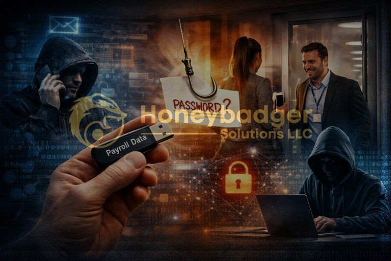 An illustration depicting various cybersecurity threats, including phishing and data theft.