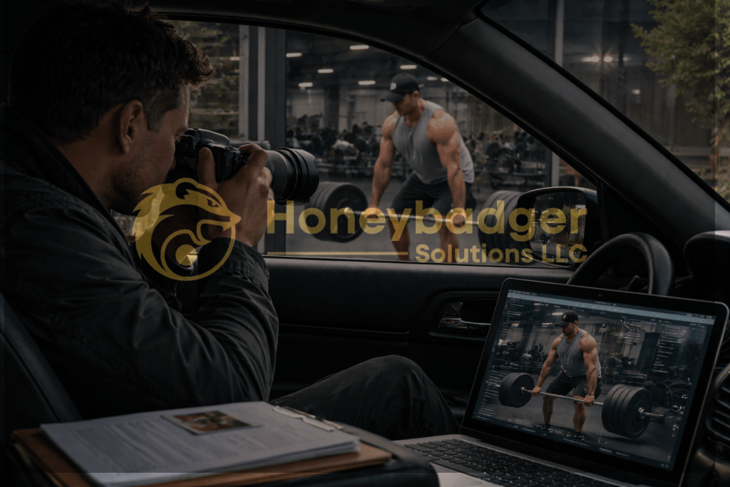 A man taking photos of a weightlifter while viewing images on a laptop inside a car.