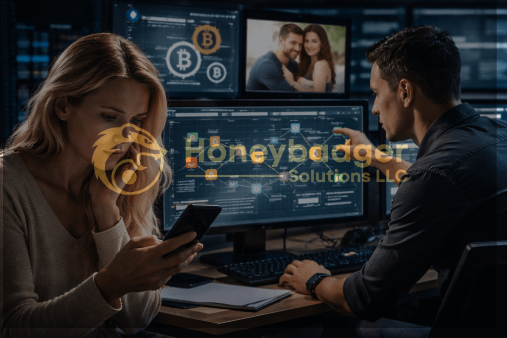 Two individuals examining cryptocurrency data on multiple computer screens in a tech environment.