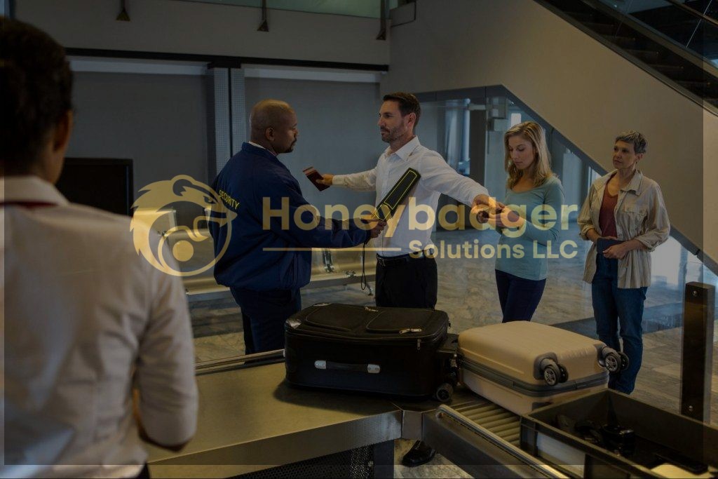 A security officer conducting a screening on a passenger at an airport security checkpoint.