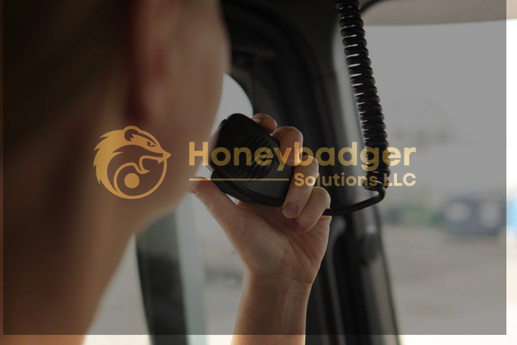 Individual speaking into a handheld communication device in a vehicle setting.