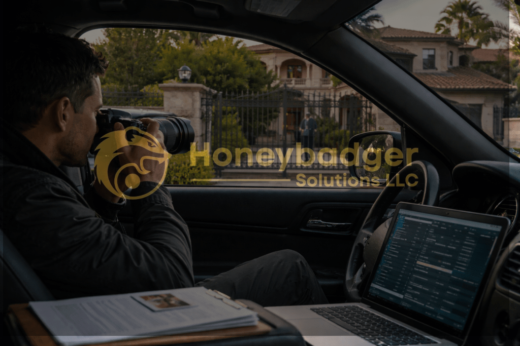 A man inside a car using a camera to take photos of a house while a laptop is open on the passenger seat.