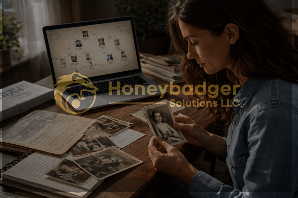 A woman examining old family photographs while using a laptop for genealogy research.