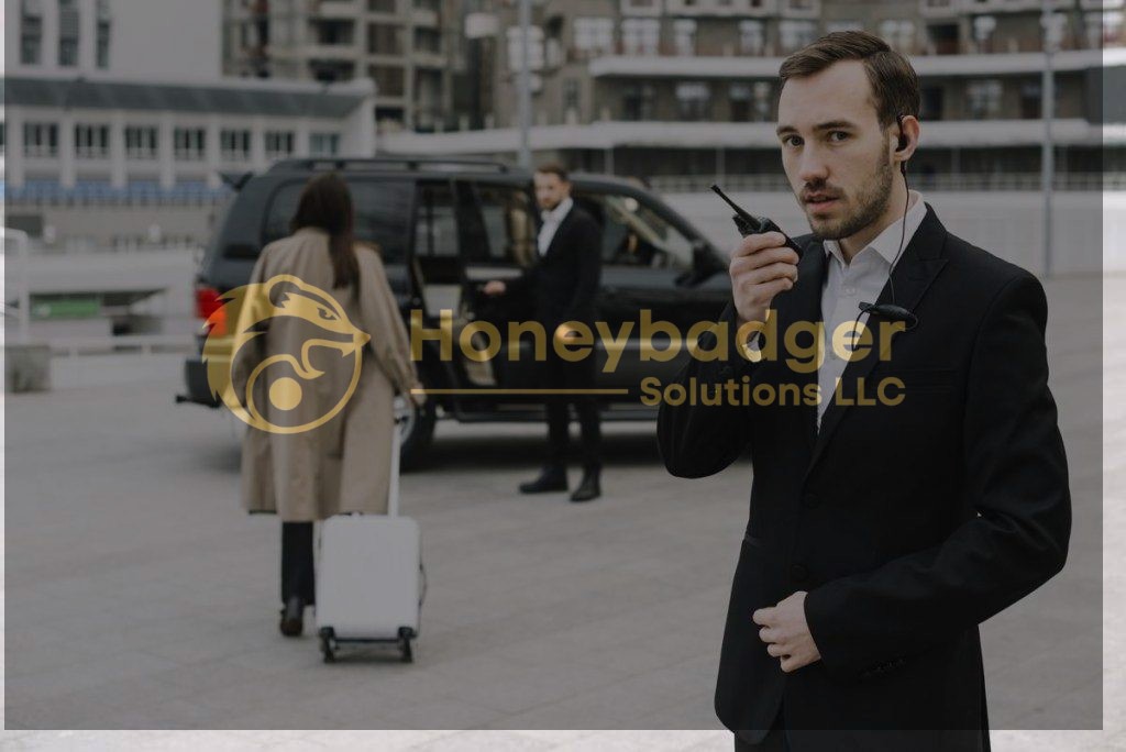 Security personnel in formal attire assisting a traveler with luggage near a vehicle.