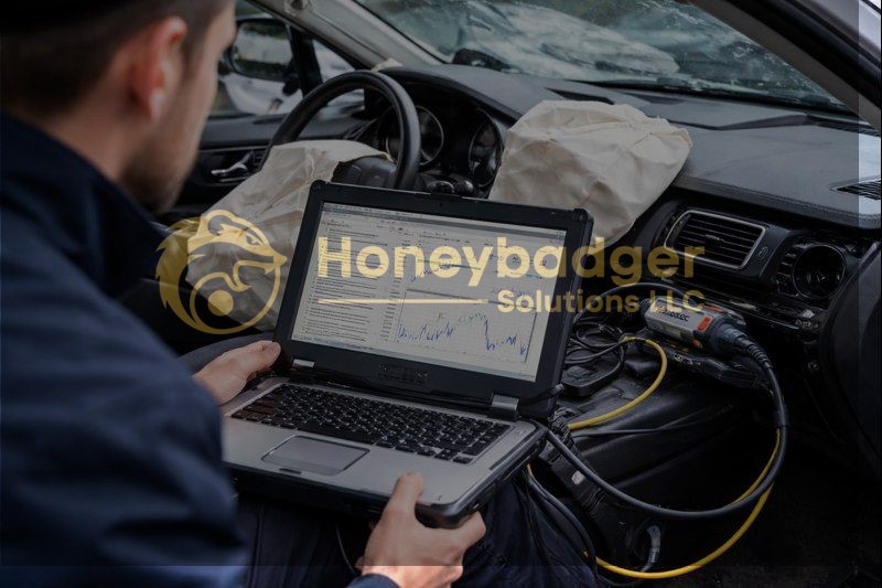 Technician analyzing vehicle black box data on a laptop inside a car with deployed airbags.
