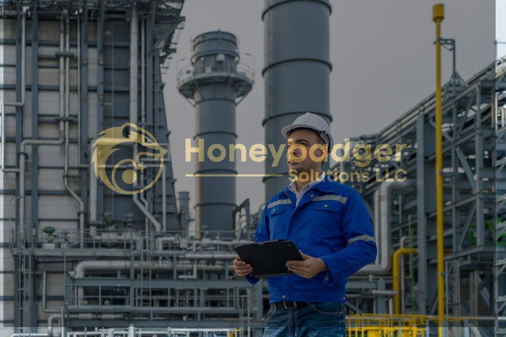 Industrial worker wearing a blue jacket and helmet, holding a clipboard at a power plant site.