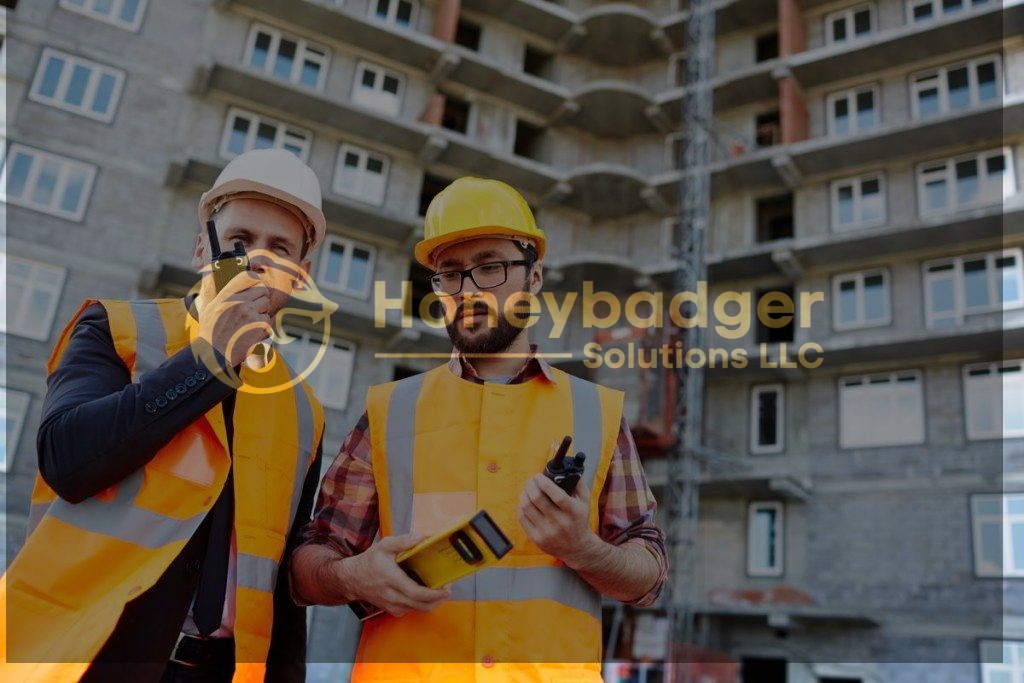 Two construction site workers wearing safety helmets and vests, discussing with communication devices in hand.