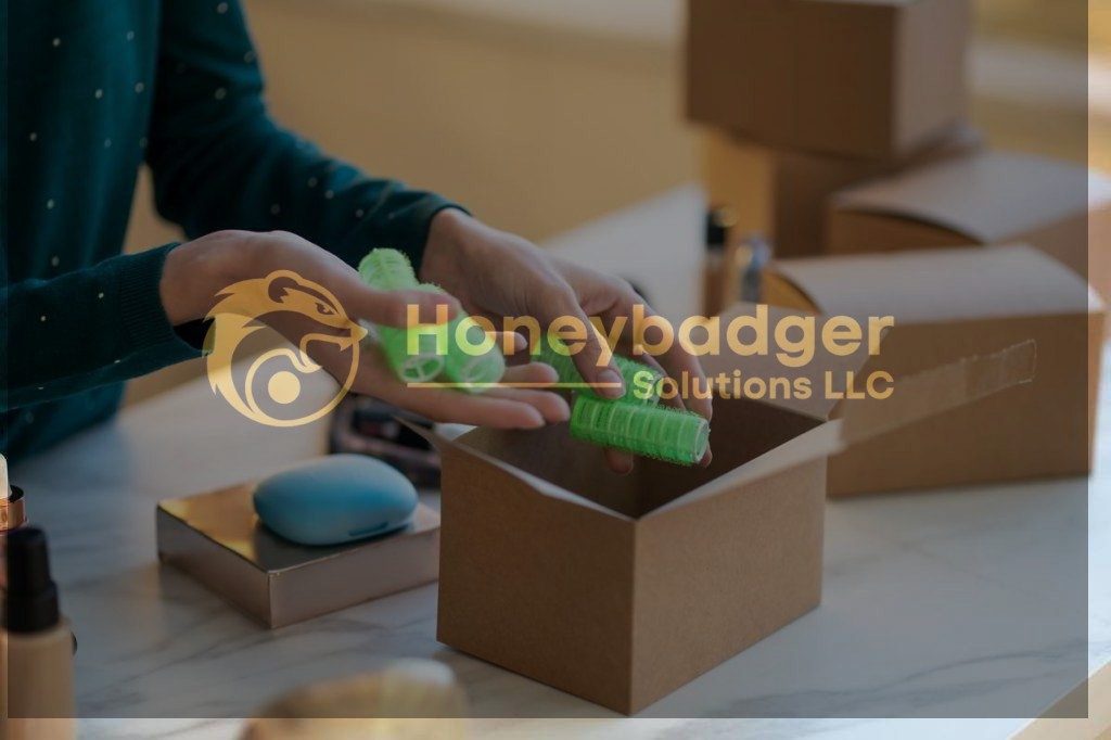 Hands placing green hair rollers into a brown cardboard box on a table.