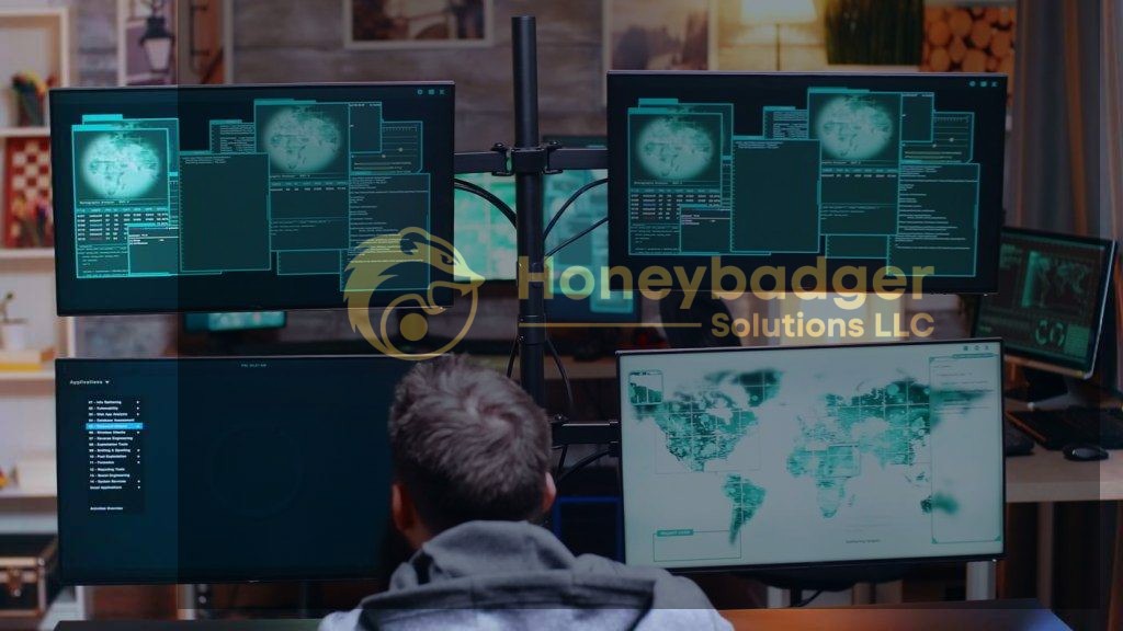 A digital forensics workstation displaying multiple monitors with data analysis and global maps.
