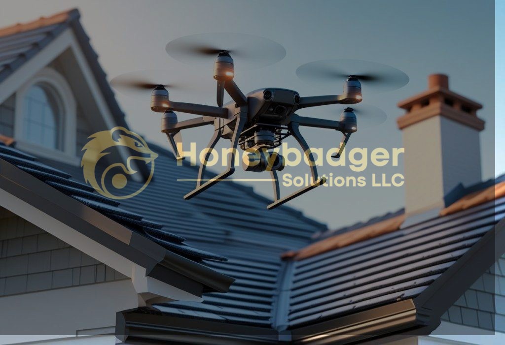 A drone equipped with a camera hovering above a residential rooftop with shingles.