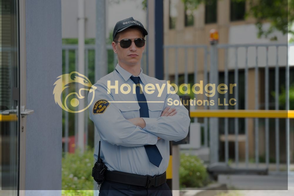 Male security guard wearing sunglasses and a security cap, standing with arms crossed.