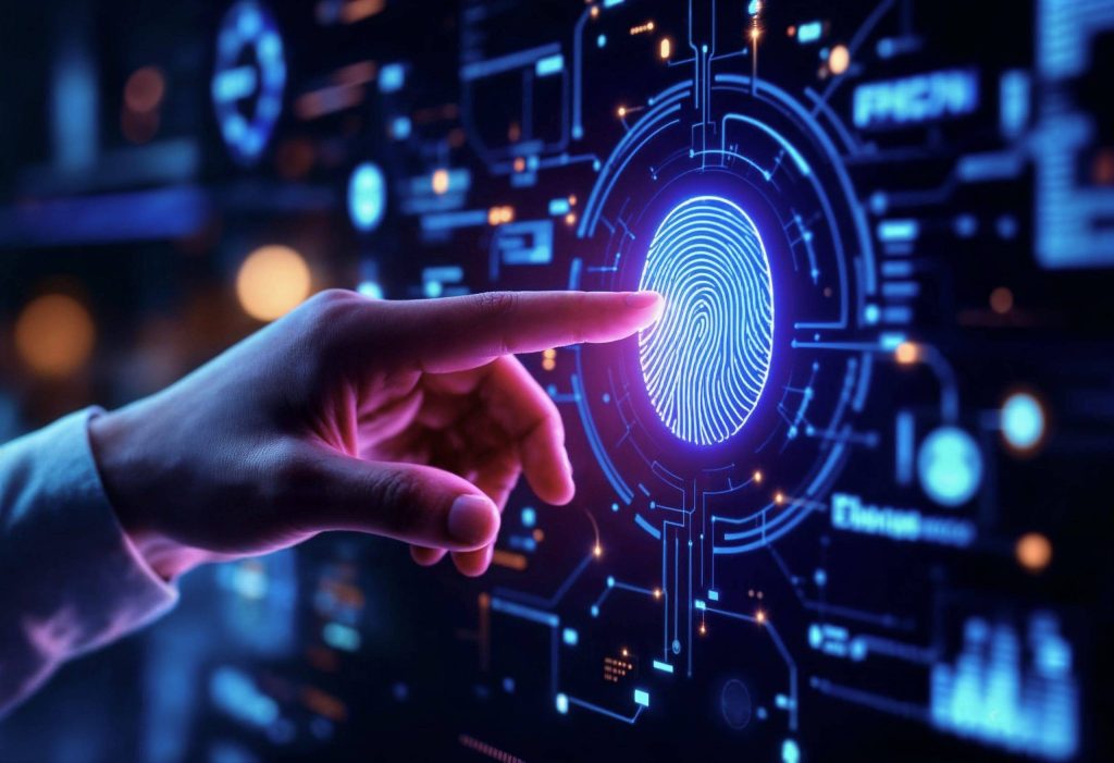 A hand interacting with a digital fingerprint biometric authentication interface on a screen.