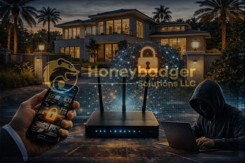 Illustration of a home network security concept with a router and a locked digital connection.