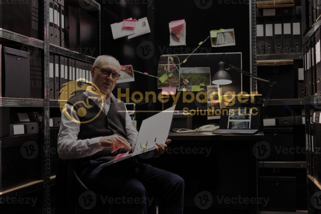 An elderly man in a vest examining documents in a cluttered office space with shelves of files.