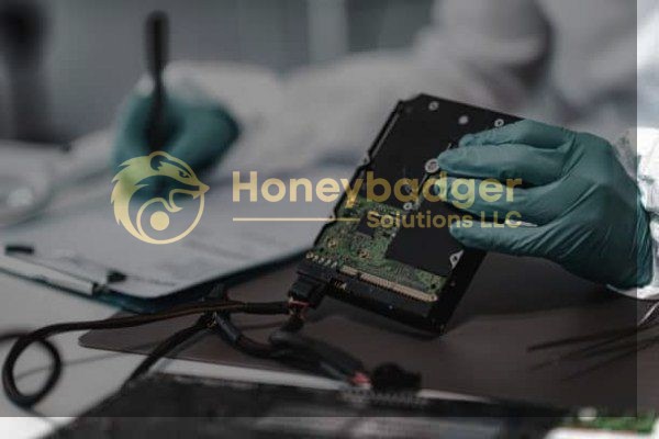 Technician wearing gloves working on a hard drive while taking notes on a clipboard.