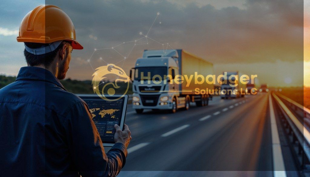 Logistics professional using a tablet to monitor a fleet of trucks on a highway during sunset.
