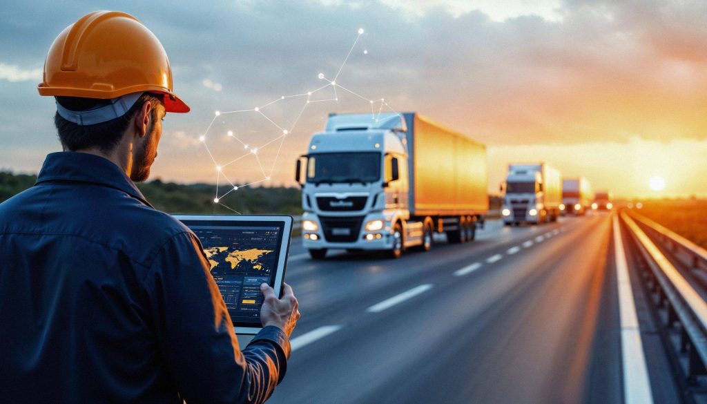 Logistics professional using a tablet to monitor a fleet of trucks on a highway during sunset.