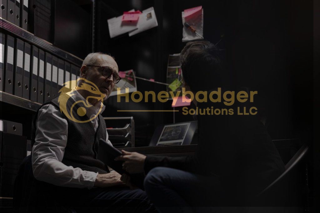 A modern detective engaged in a conversation with a person in an office filled with files and documents.