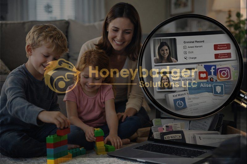 A mother and two children interacting with a laptop displaying child safety information and social media icons.