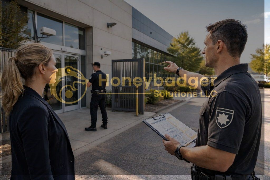 Security personnel discussing an assessment outside a facility with a clipboard in hand.