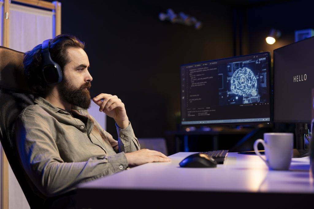Programmer with headphones sitting at a desk, focused on a computer screen displaying code and a brain graphic.
