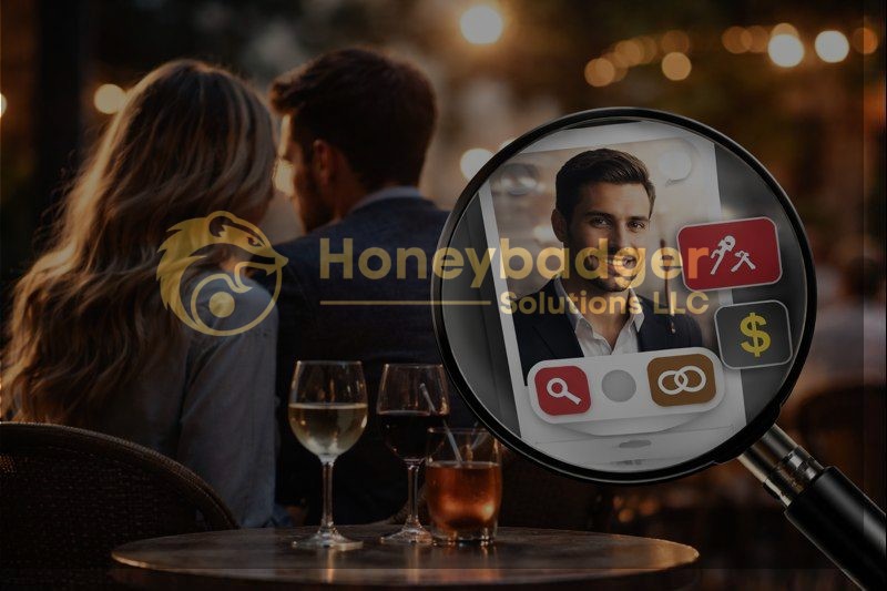 A man in a suit is viewed through a magnifying glass with various icons around him.