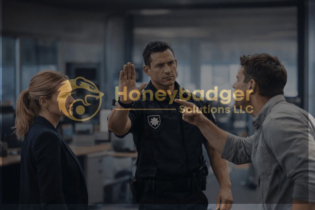 A police officer intervenes as two individuals argue in an office setting.