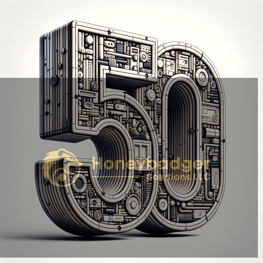 Three-dimensional number 50 with a detailed mechanical design featuring various shapes and patterns.
