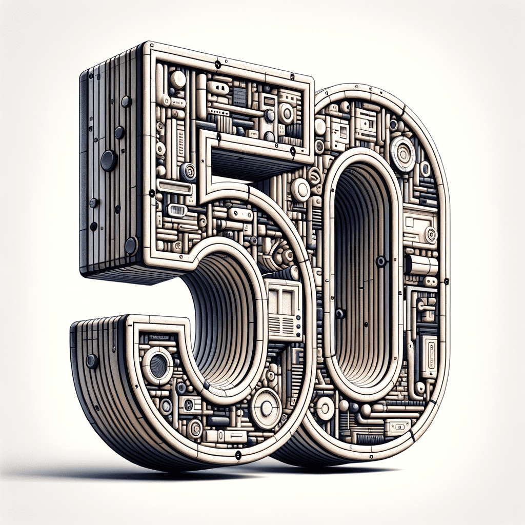 Three-dimensional number 50 with a detailed mechanical design featuring various shapes and patterns.