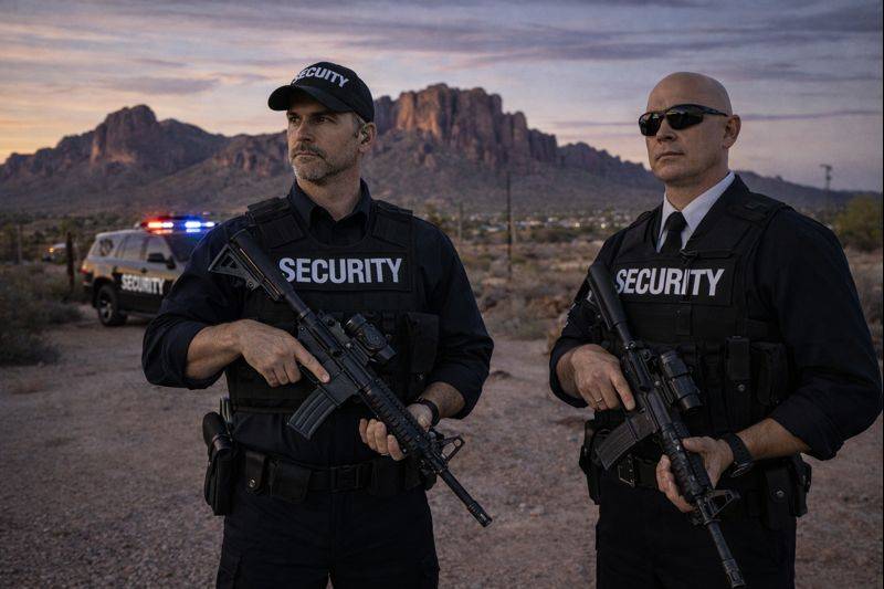 Two armed security guards standing with rifles in Apache Junction, with a police vehicle in the background.