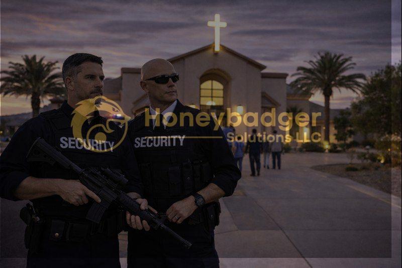Two security personnel in tactical gear standing outside a church with a cross in the background.