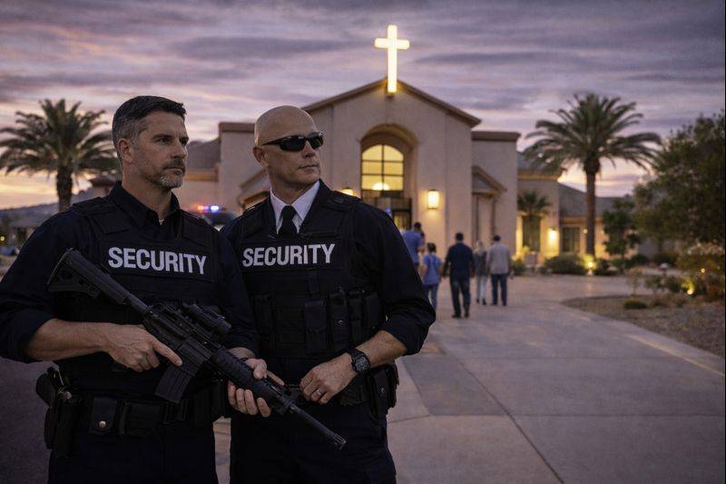 Two security personnel in tactical gear standing outside a church with a cross in the background.