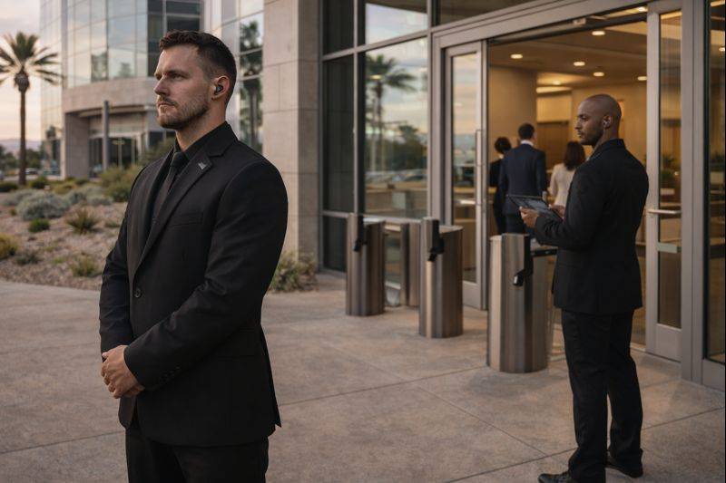 Two corporate security personnel standing outside a building, one in a suit and the other using a tablet.