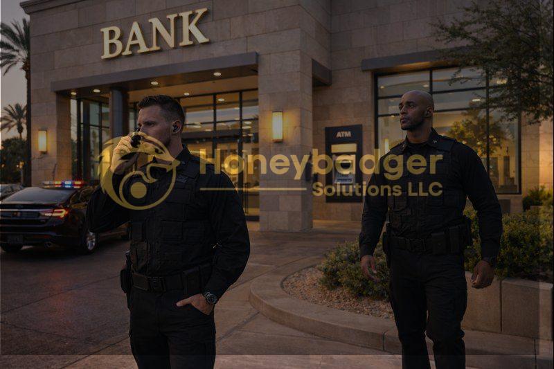 Two security personnel in tactical gear standing outside a bank entrance during evening hours.