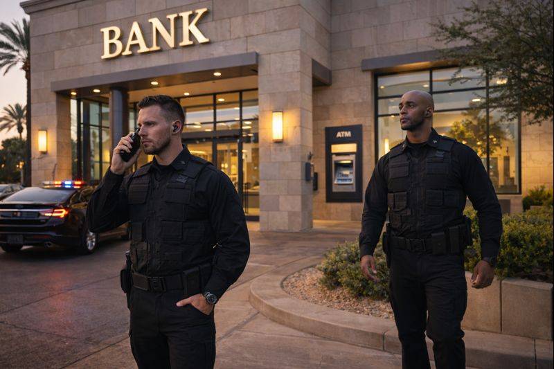 Two security personnel in tactical gear standing outside a bank entrance during evening hours.
