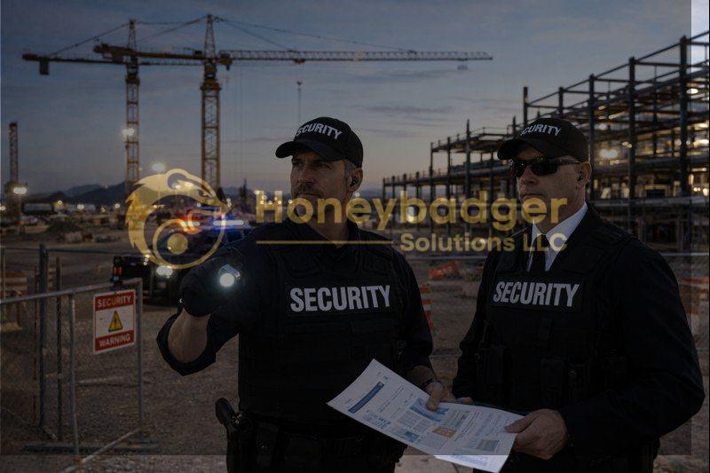 Two security personnel at a construction site, one holding a flashlight and the other reviewing documents.