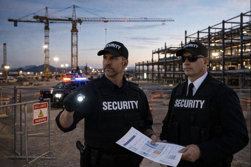 Two security personnel at a construction site, one holding a flashlight and the other reviewing documents.