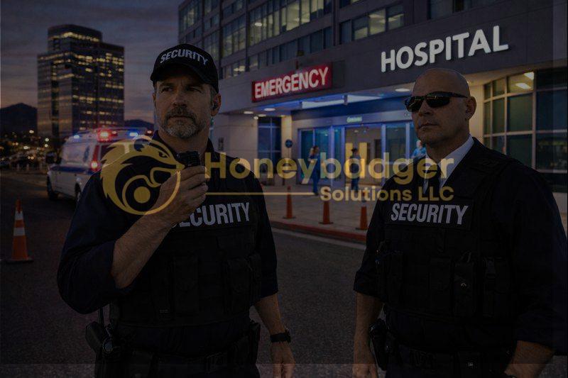 Two security personnel in uniforms with 'SECURITY' text outside a hospital emergency entrance at night.